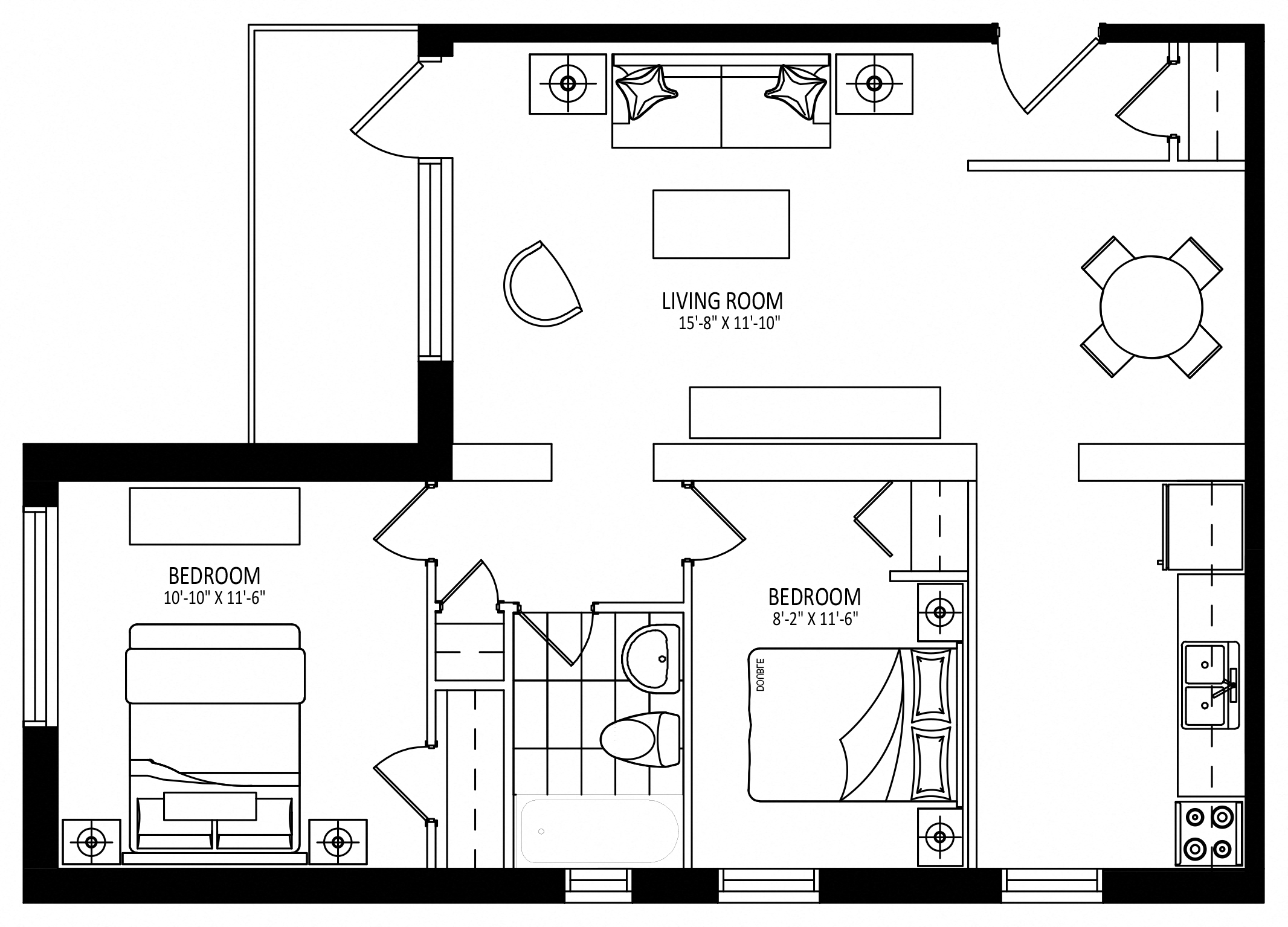 Floor plan for 2 beds, 1 bath, 799 sqft